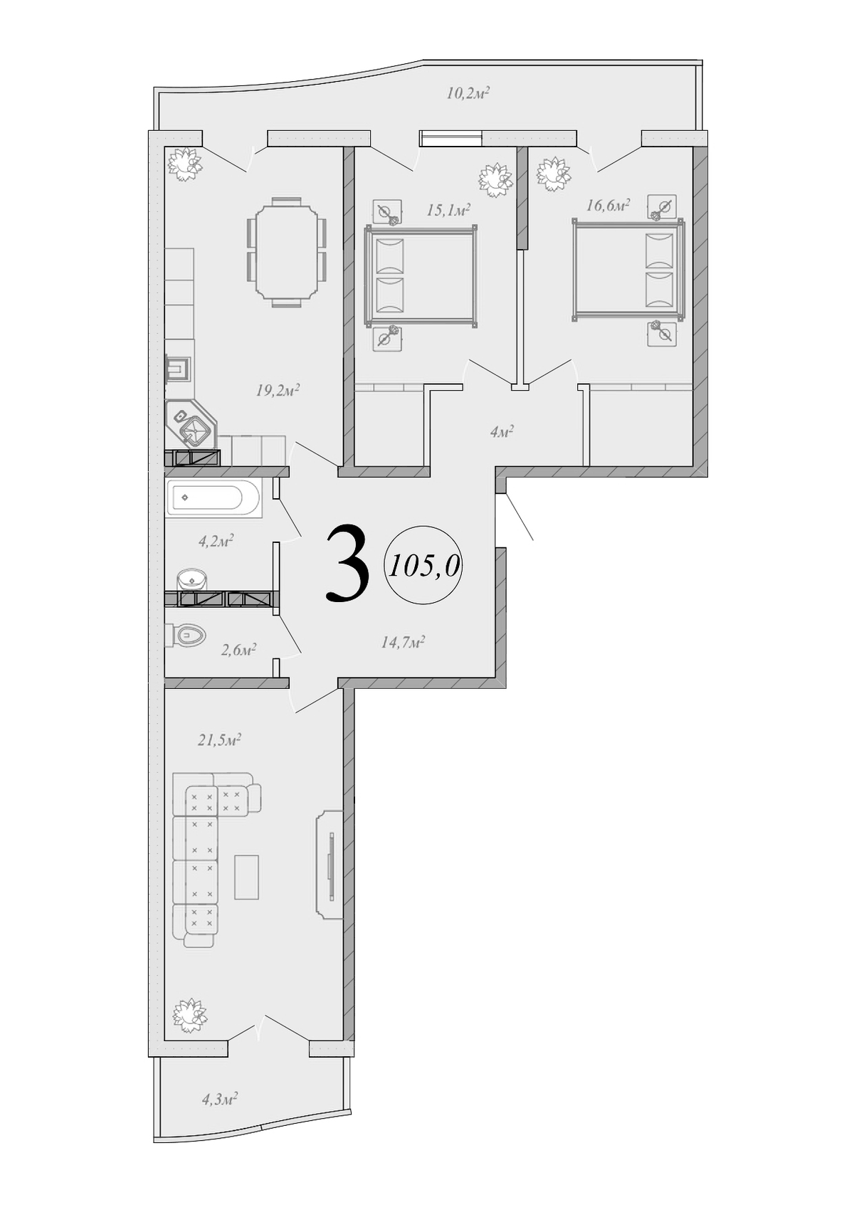 Планировка евро-4 (4Е) 105 м² в ЖК «Радонеж», корпус 2