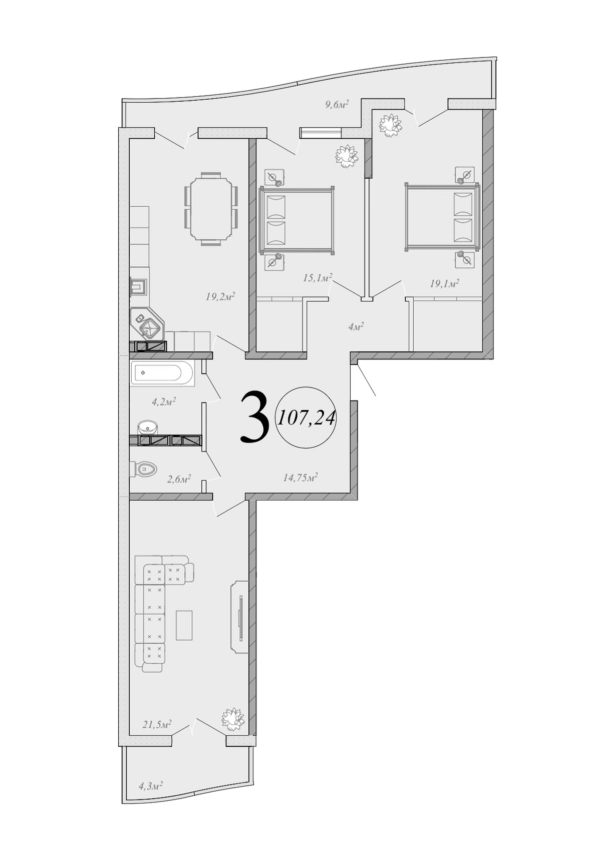 Планировка евро-4 (4Е) 107.24 м² в ЖК «Радонеж», корпус 2