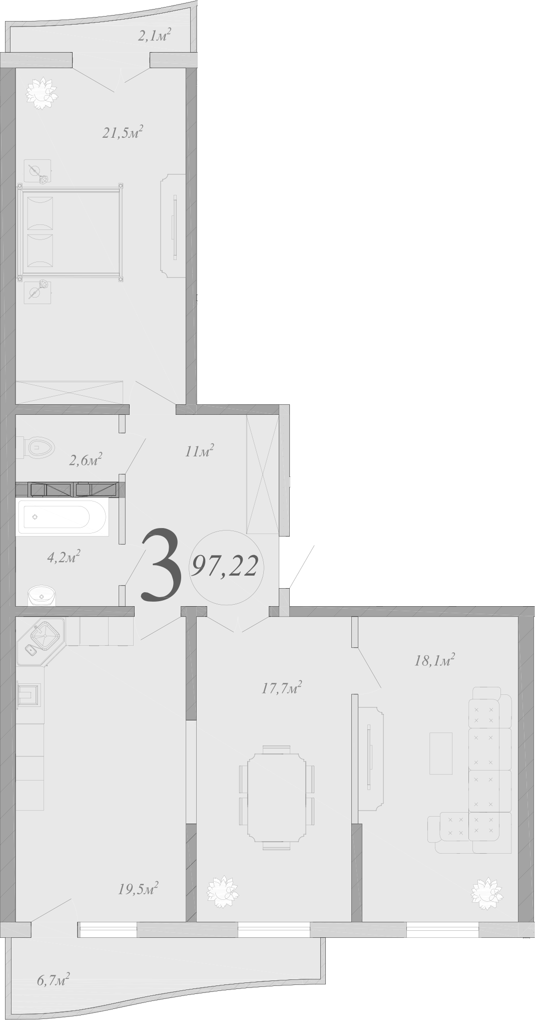 Планировка евро-4 (4Е) 97.22 м² в ЖК «Радонеж», корпус 1