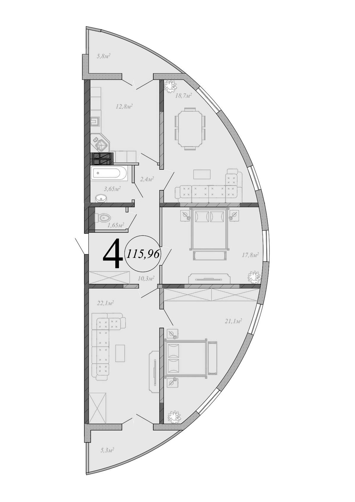 Планировка четырёхкомнатная 115.96 м² в ЖК «Радонеж», корпус 2
