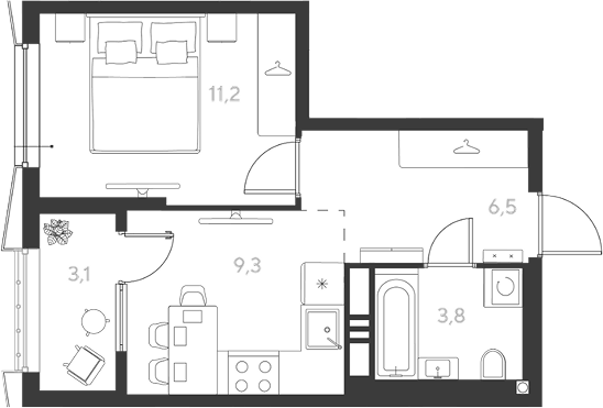 Планировка однокомнатная 33.9 м² в ЖК «Ридз», корпус 20