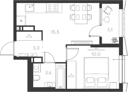 Планировка однокомнатная 35.2 м² в ЖК «Ридз», корпус 20