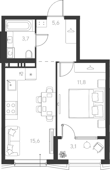 Планировка однокомнатная 39.8 м² в ЖК «Ридз», корпус 17