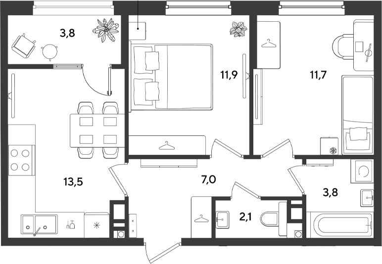 Планировка двухкомнатная 53.8 м² в ЖК «Ридз», корпус 14