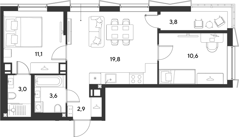 Планировка двухкомнатная 54.8 м² в ЖК «Ридз», корпус 3