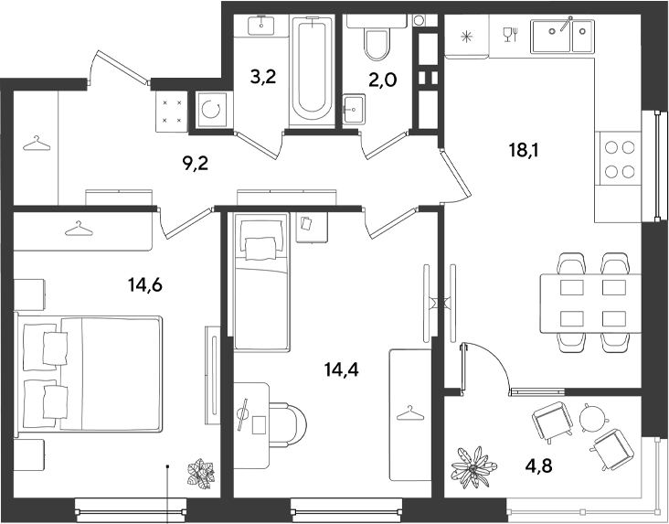 Планировка двухкомнатная 66.3 м² в ЖК «Ридз», корпус 6