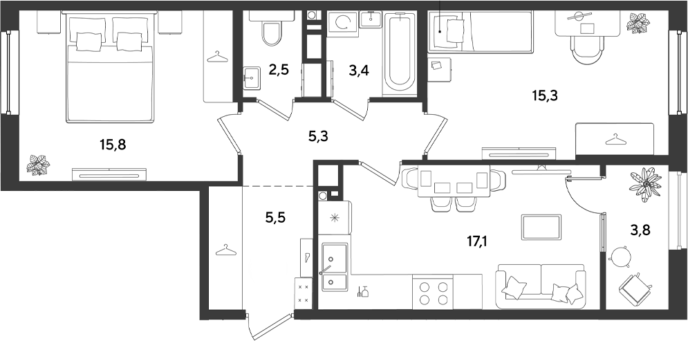 Планировка двухкомнатная 68.7 м² в ЖК «Ридз», корпус 6