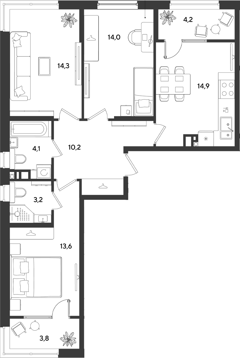 Планировка трёхкомнатная 82.3 м² в ЖК «Ридз», корпус 14