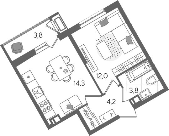 Планировка однокомнатная 38.1 м² в ЖК «Рекорд», корпус 2