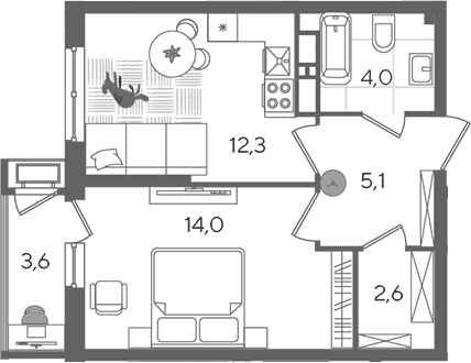 Планировка однокомнатная 41.6 м² в ЖК «Рекорд», корпус 1