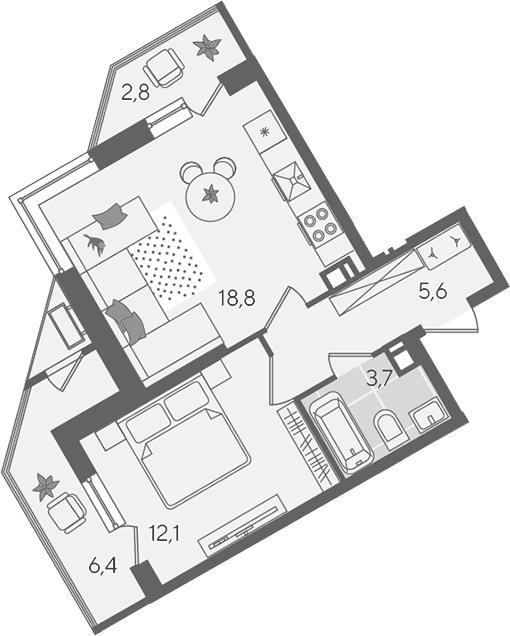Планировка евродвушка (2Е) 49.4 м² в ЖК «Рекорд», корпус 2