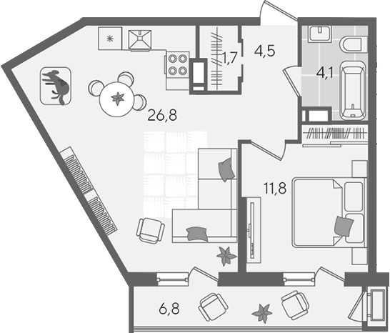 Планировка евродвушка (2Е) 55.7 м² в ЖК «Рекорд», корпус 2