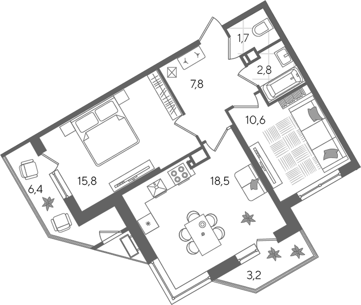 Планировка евротрёшка (3Е) 66.8 м² в ЖК «Рекорд», корпус 2