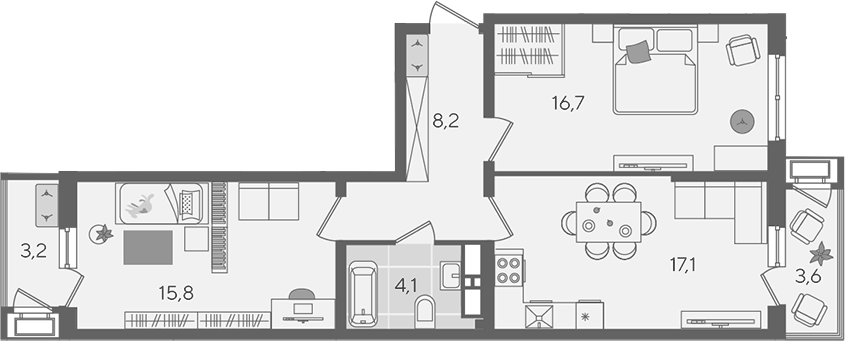 Планировка евротрёшка (3Е) 68.7 м² в ЖК «Рекорд», корпус 1