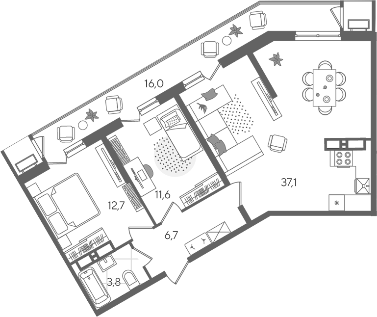 Планировка евротрёшка (3Е) 87.9 м² в ЖК «Рекорд», корпус 2