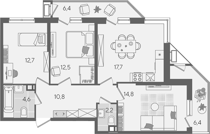 Планировка евро-4 (4Е) 88.1 м² в ЖК «Рекорд», корпус 2