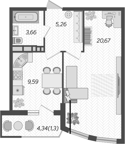 Планировка однокомнатная 40.48 м² в ЖК «Режиссер», корпус 3