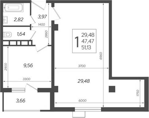Планировка однокомнатная 51.13 м² в ЖК «Режиссер», корпус 4