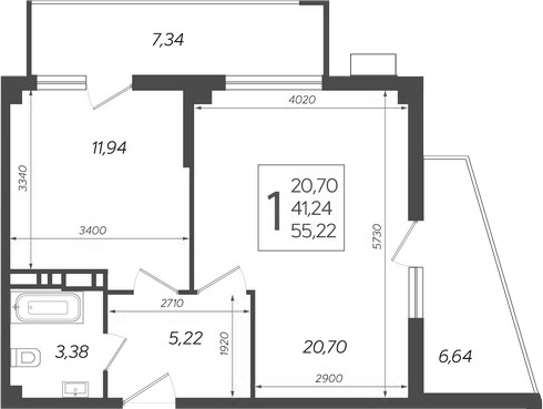 Планировка однокомнатная 55.22 м² в ЖК «Режиссер», корпус 4