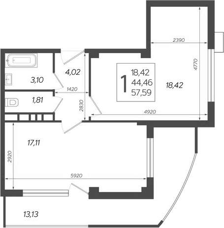 Планировка евродвушка (2Е) 55.78 м² в ЖК «Режиссер», корпус 4