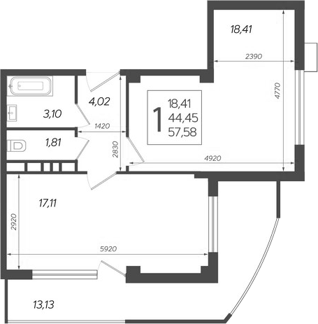Планировка евродвушка (2Е) 57.58 м² в ЖК «Режиссер», корпус 4
