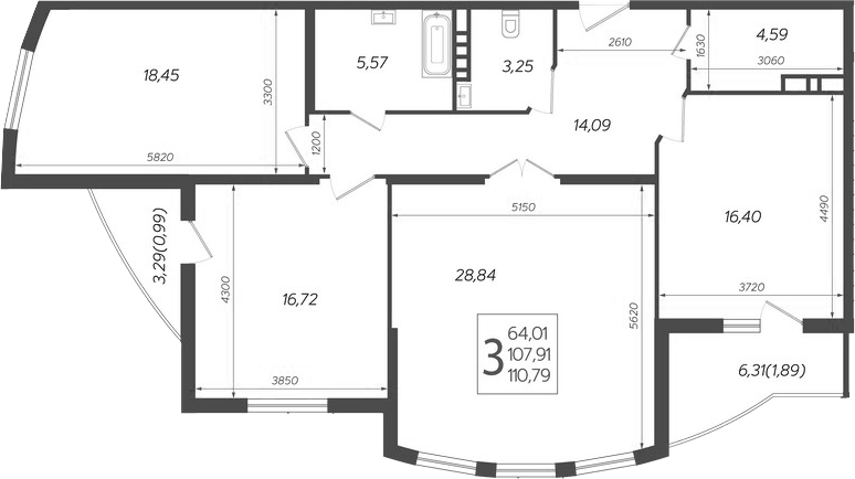 Планировка евро-4 (4Е) 110.79 м² в ЖК «Режиссер», корпус 4