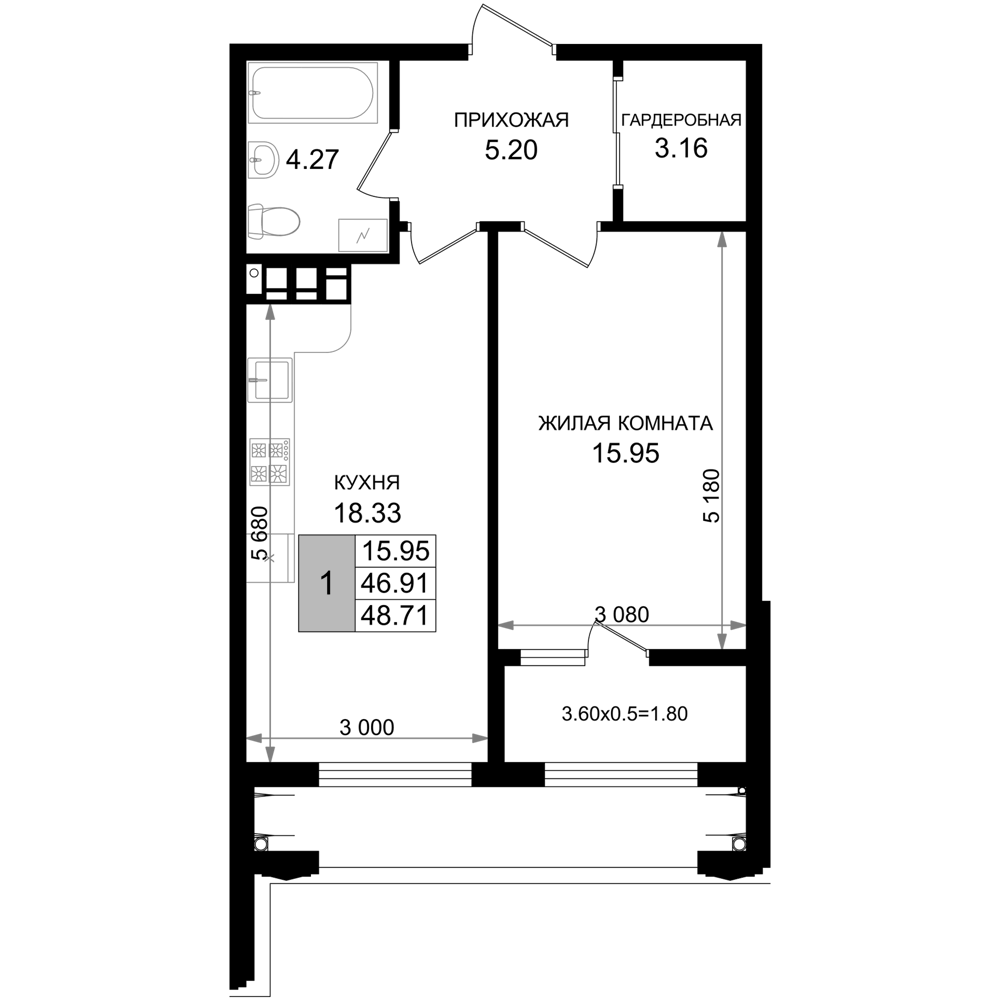 Планировка однокомнатная 48.71 м² в ЖК «Резиденция морей», корпус В