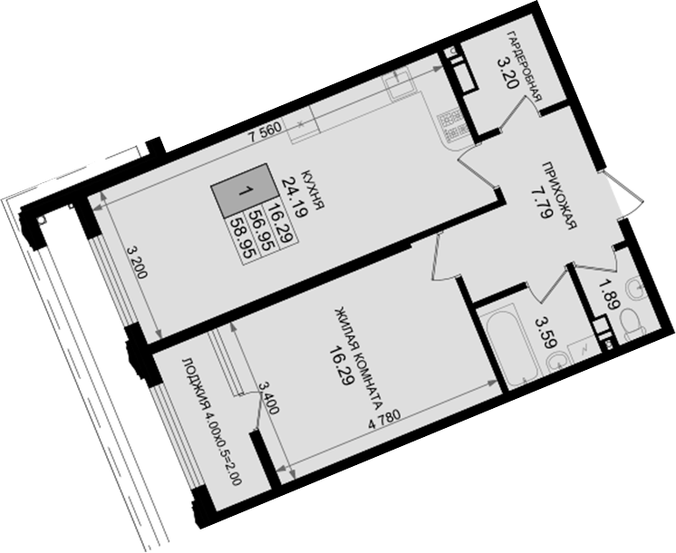 Планировка однокомнатная 58.95 м² в ЖК «Резиденция морей», корпус В