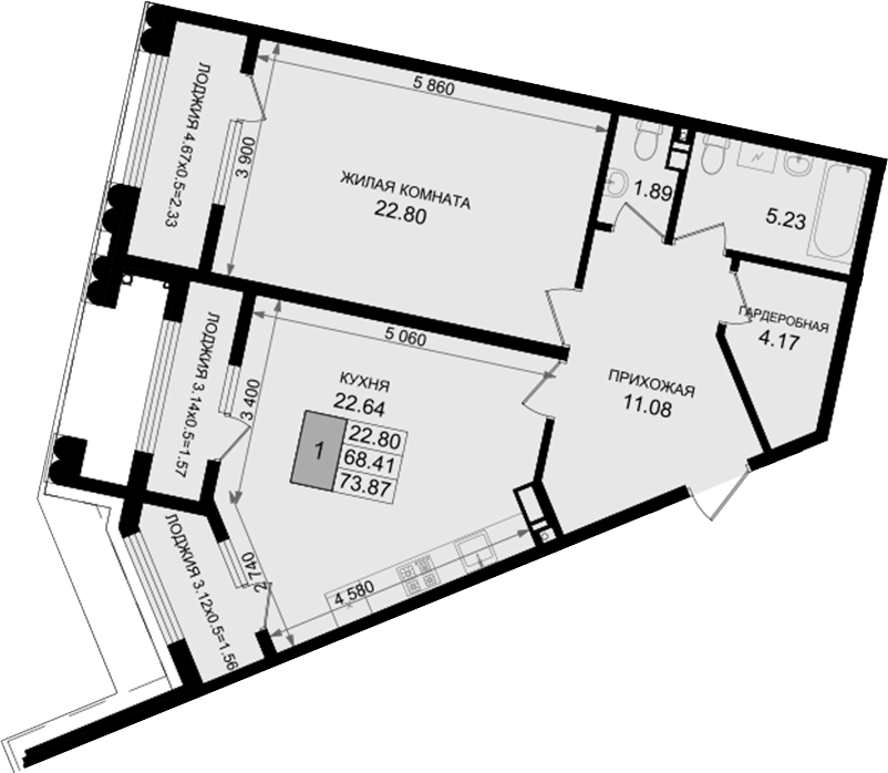 Планировка однокомнатная 73.87 м² в ЖК «Резиденция морей», корпус В