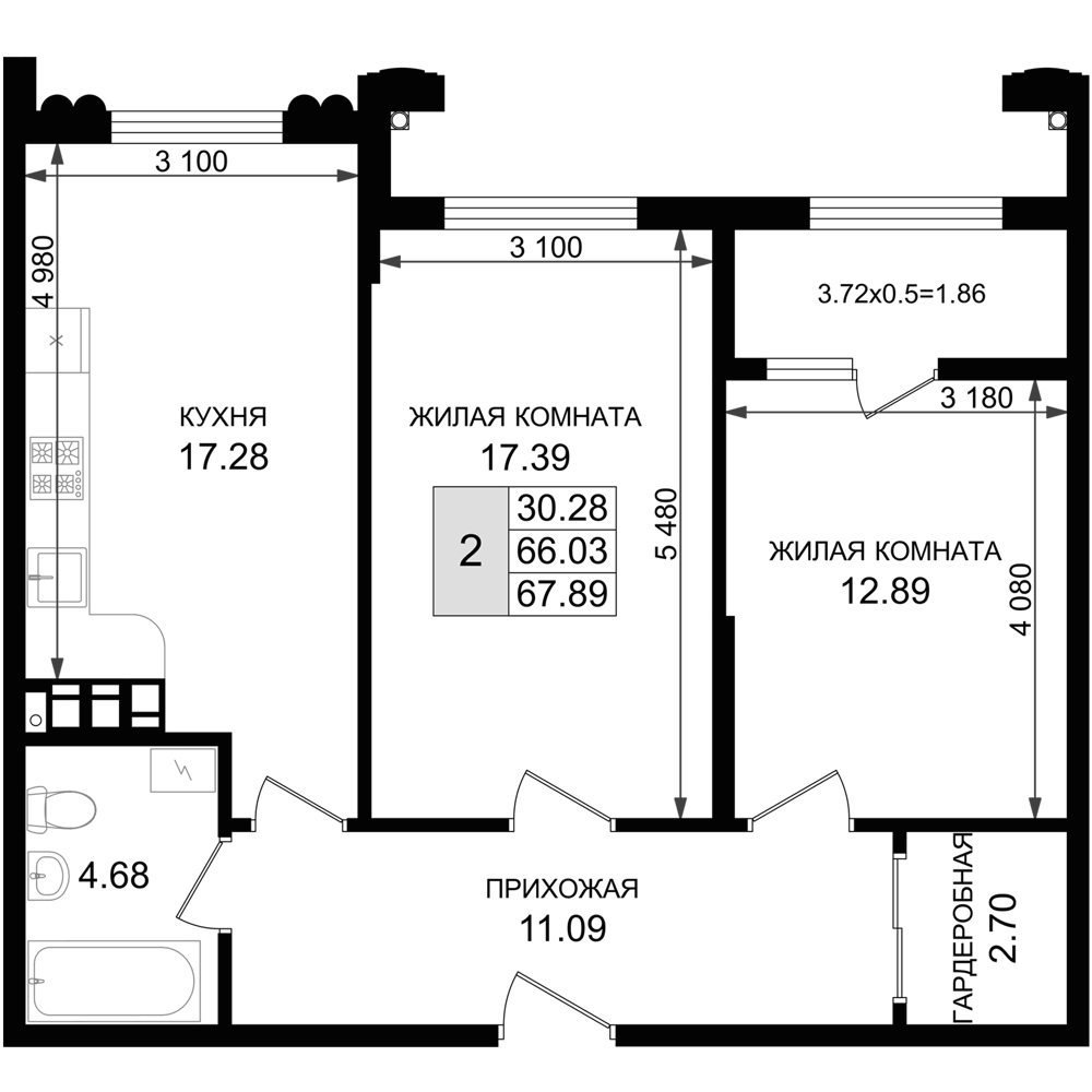 Планировка двухкомнатная 67.89 м² в ЖК «Резиденция морей», корпус А