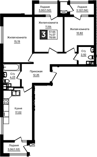 Планировка трёхкомнатная 78.66 м² в ЖК «Резиденция морей», корпус Е