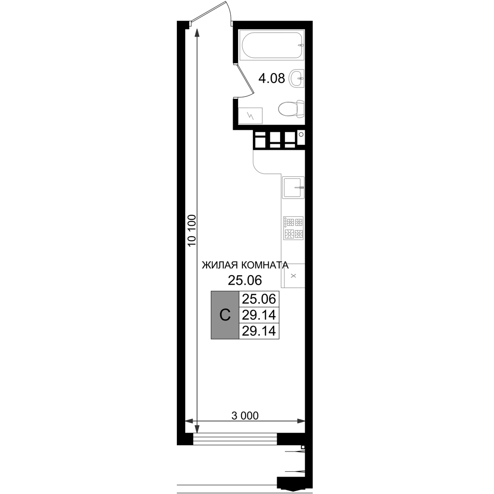 Планировка Студии 29.14 м² в ЖК «Резиденция морей», корпус В