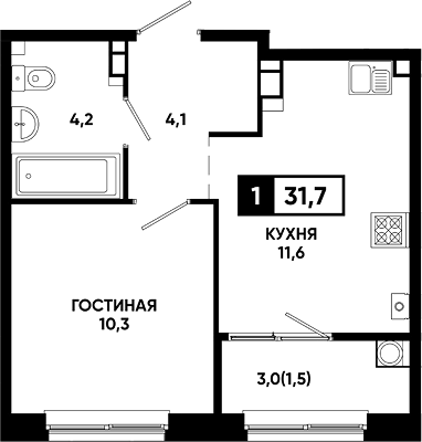Планировка однокомнатная 31.7 м² в ЖК «Резиденция Софи», корпус 1.4
