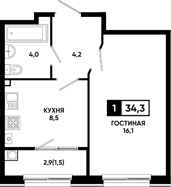 Планировка однокомнатная 34.3 м² в ЖК «Резиденция Софи», корпус 1.5