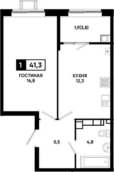 Планировка однокомнатная 41.3 м² в ЖК «Резиденция Софи», корпус 1.1