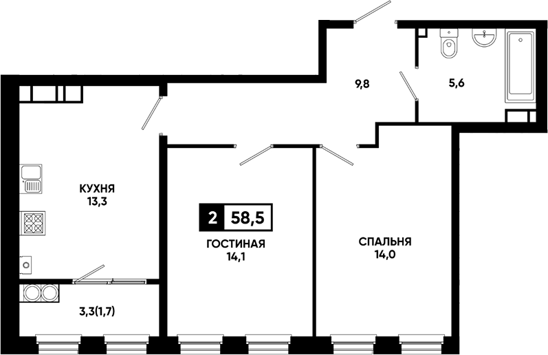 Планировка двухкомнатная 58.5 м² в ЖК «Резиденция Софи», корпус 1.2