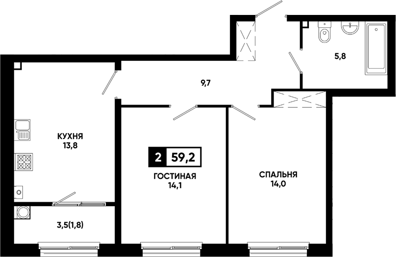 Планировка двухкомнатная 59.2 м² в ЖК «Резиденция Софи», корпус 1.2
