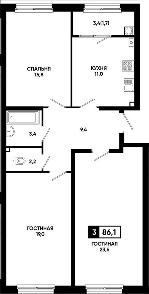 Планировка трёхкомнатная 86.1 м² в ЖК «Резиденция Софи», корпус 1.2