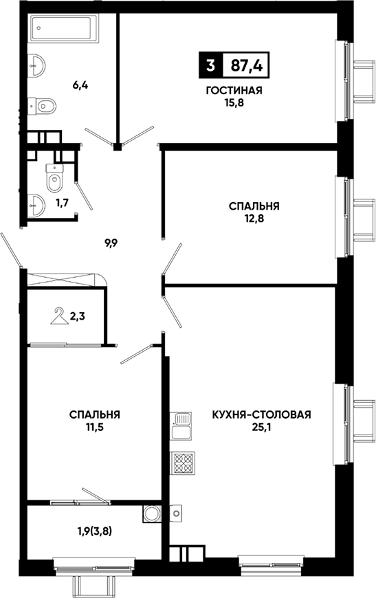Планировка трёхкомнатная 87.4 м² в ЖК «Резиденция Софи», корпус 1.1