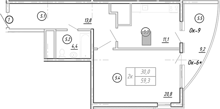 Планировка однокомнатная 60.5 м² в ЖК «Резиденция Ясногорская», корпус 1