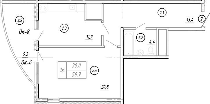 Планировка однокомнатная 61.6 м² в ЖК «Резиденция Ясногорская», корпус 1