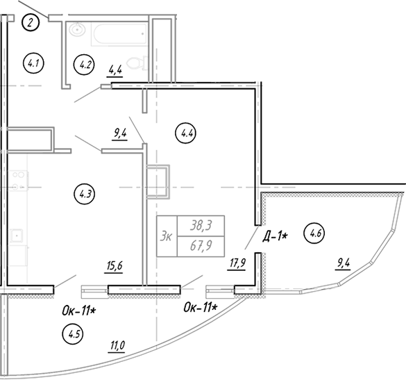 Планировка евродвушка (2Е) 70.3 м² в ЖК «Резиденция Ясногорская», корпус 1