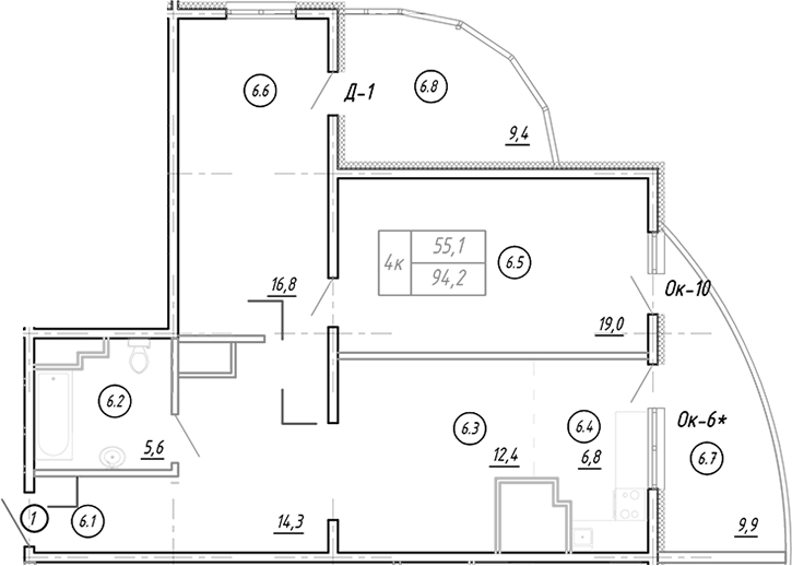 Планировка евротрёшка (3Е) 98.3 м² в ЖК «Резиденция Ясногорская», корпус 1