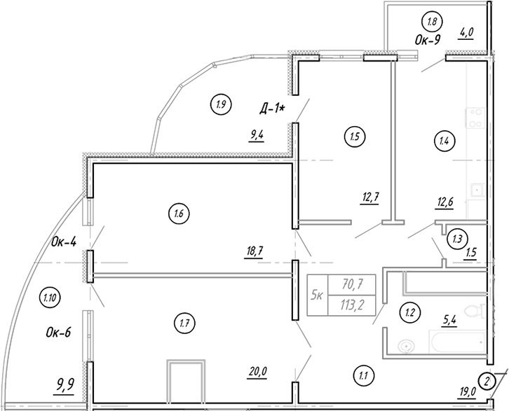 Планировка трёхкомнатная 116.2 м² в ЖК «Резиденция Ясногорская», корпус 1