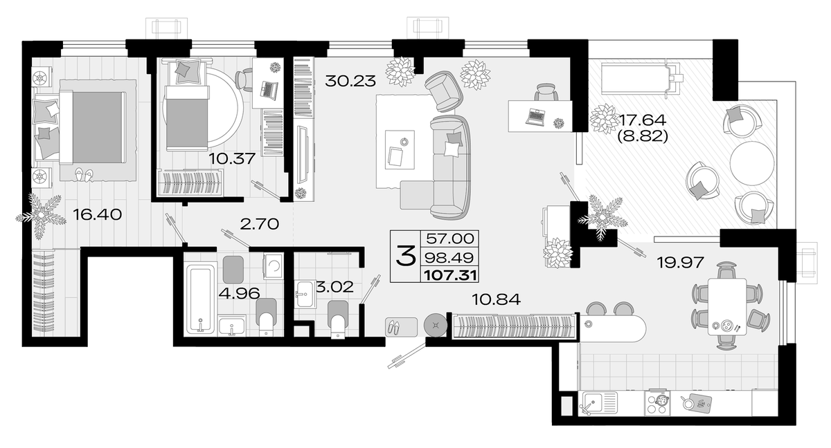 Планировка евро-4 (4Е) 101.83 м² в ЖК «Римские Каникулы», корпус 3