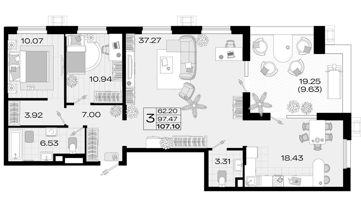 Планировка евро-4 (4Е) 106.1 м² в ЖК «Римские Каникулы», корпус 2