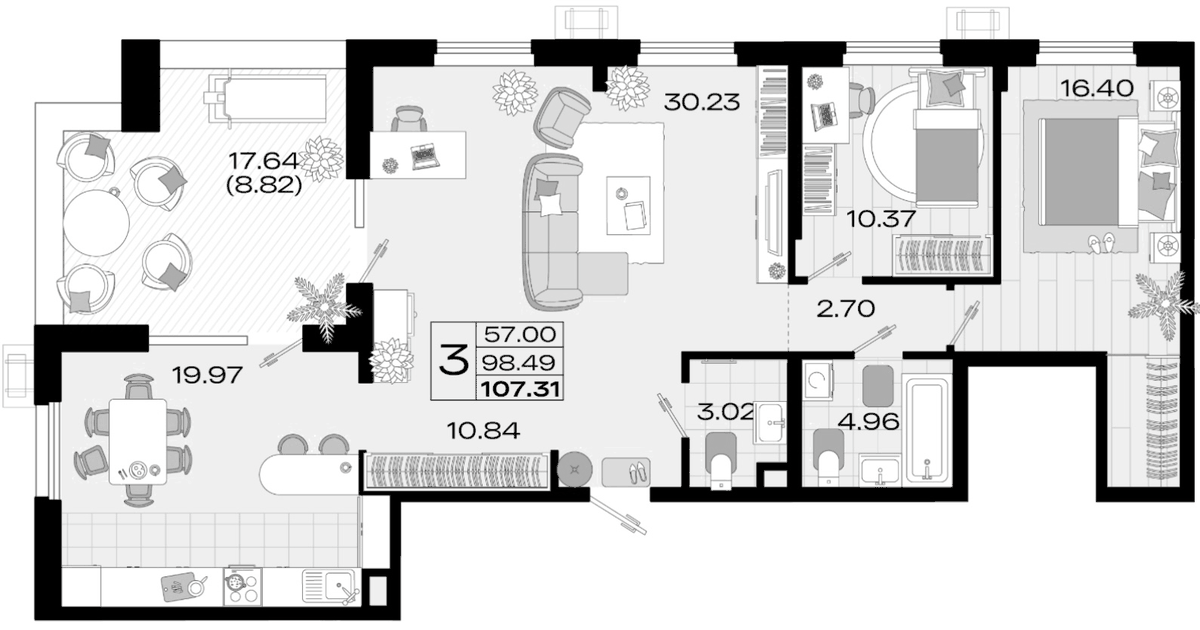 Планировка евро-4 (4Е) 107.31 м² в ЖК «Римские Каникулы», корпус 1