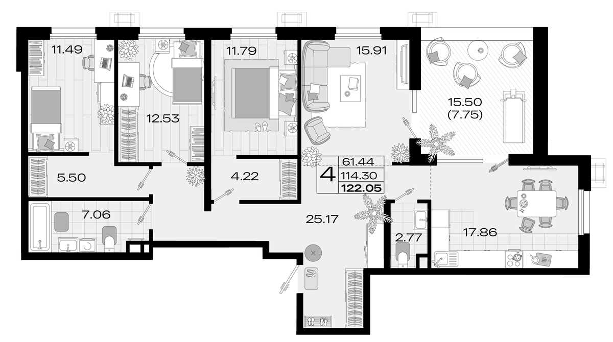 Планировка 5Е-к.кв 120.6 м² в ЖК «Римские Каникулы», корпус 1
