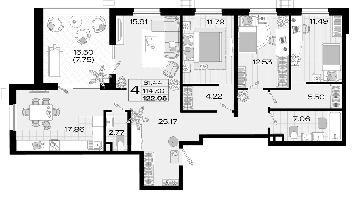 Планировка 5Е-к.кв 120.75 м² в ЖК «Римские Каникулы», корпус 2