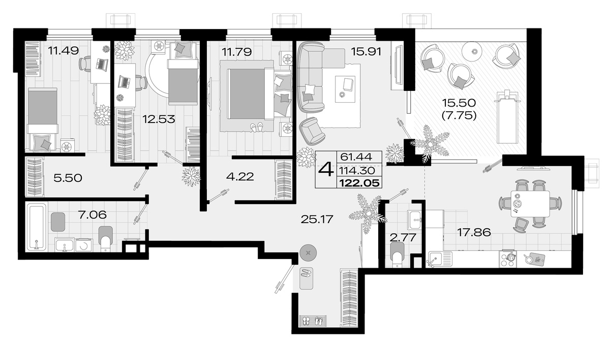 Планировка 5Е-к.кв 120.7 м² в ЖК «Римские Каникулы», корпус 3